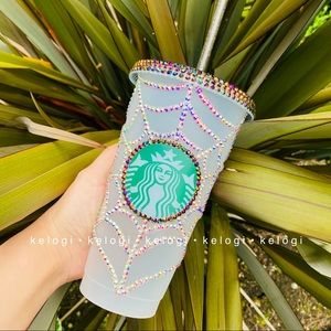 🕸NEW🕸Starbucks Custom Iridescent Bedazzled Bling Spider Web Cold Cup
